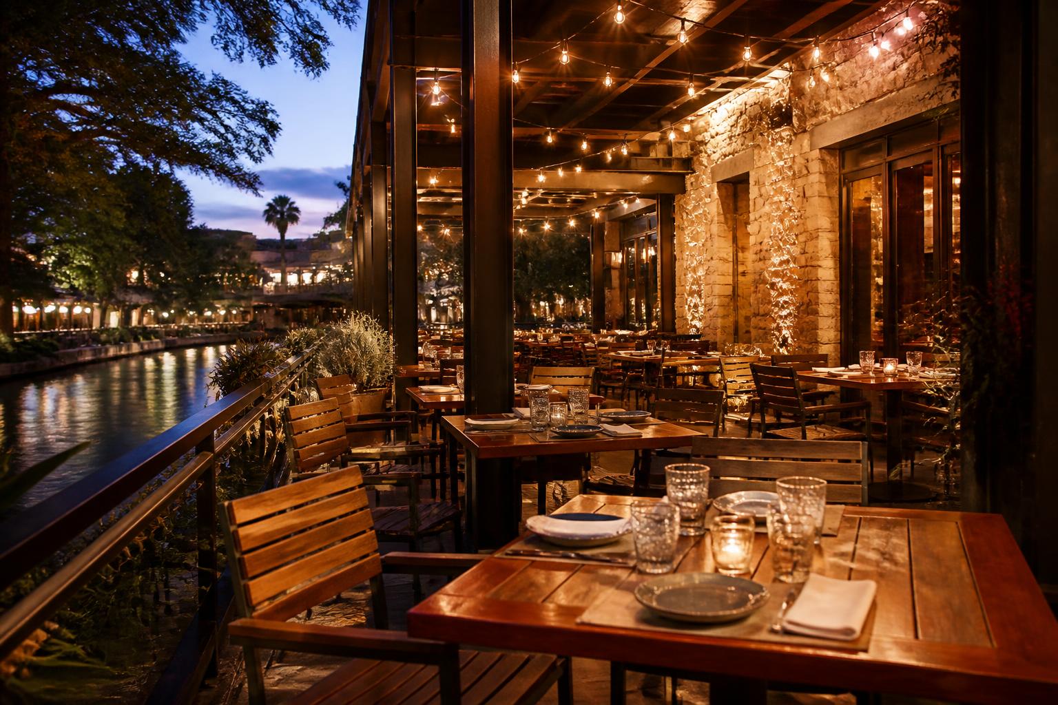 Restaurant patio dining area in San Antonio at dusk with string lights and outdoor tables